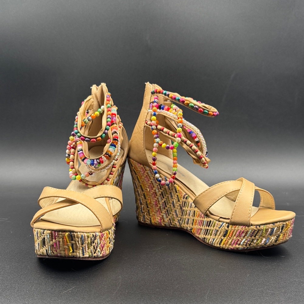Tan Beaded Ankle-Wrap Wedge Sandals